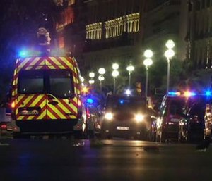 Paramedics and police are on scene after a truck deliberately plowed through a crowd of revelers who’d gathered to watch the fireworks in the French resort city of Nice. (BFMTV via AP)