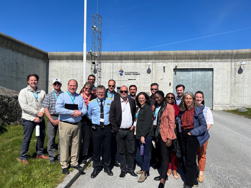 The contingent from Washington, Oregon and California in front of Halden Prison in Norway.