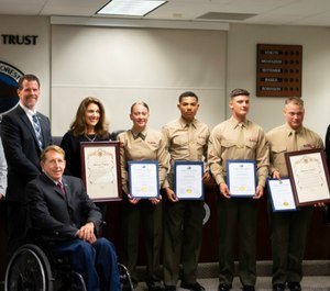 Five Marines from the 1st Law Enforcement Battalion, Lake Forest’s adopted military unit, were honored Tuesday, March 5, at the Lake Forest City Council meeting for their heroic actions.
