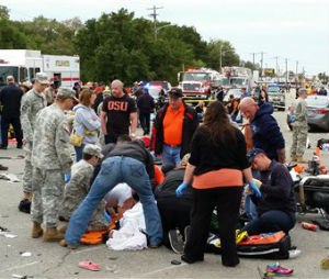 A drunk driver crashed into a crowd of spectators during the Oklahoma State University homecoming parade (David Bitton/The News Press via AP)