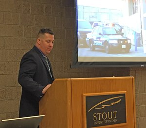 Lake Hallie Police Department Detective Adam Meyers spoke at the UW-Stout Criminal Justice and Rehabilitation Conference about the Walmart shooting incident.