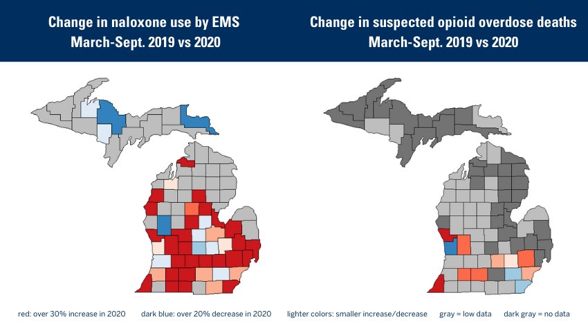 These maps of Michigan show changes in opioid overdose deaths and uses of an overdose rescue drug by EMS in the peak COVID-19 months, compared with the same months in 2019.