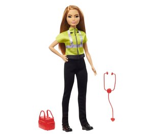 Paramedic Barbie is equipped with a stethoscope and medical bag.