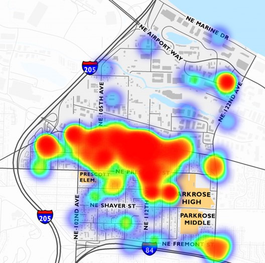 Parkrose neighborhood heat map of community-reported vandalism and physical disorder (e.g., arson, graffiti, property damage, vacant buildings, unkempt yards, abandoned cars, garbage). Sixty survey respondents used the map and there were 129 "clicks" on target locations/problems. 