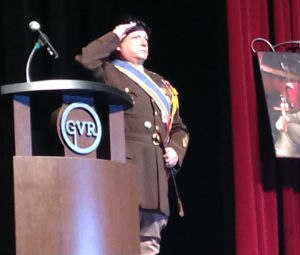 General George S. Patton, as played by corporate entertainer John Di Domenico, salutes the fire and EMS leaders attending Fire-Rescue Med.