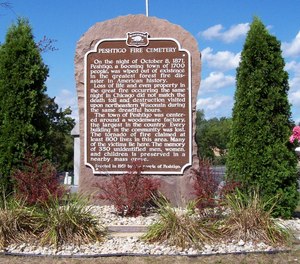The memorial for the victims of the Peshtigo Fire at the Peshtigo Fire Cemetery adjacent to the Peshtigo Fire Museum in Peshtigo, Wisconsin, USA. The fire was the deadliest in the history of the United States. The memorial at the cemetery was the first official state historical marker authorized by the State Historic Society of Wisconsin.