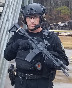 Corporal Peter Hart during a break in tactical operations training at the Columbia Fire Department training facility, 2021.