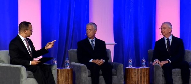 Joseph W. Pfeifer, the first fire chief on scene at the World Trade Center on 9/11 (middle), and Jim Schwartz (right), the incident commander at the Pentagon on 9/11, speak with Chief Little.