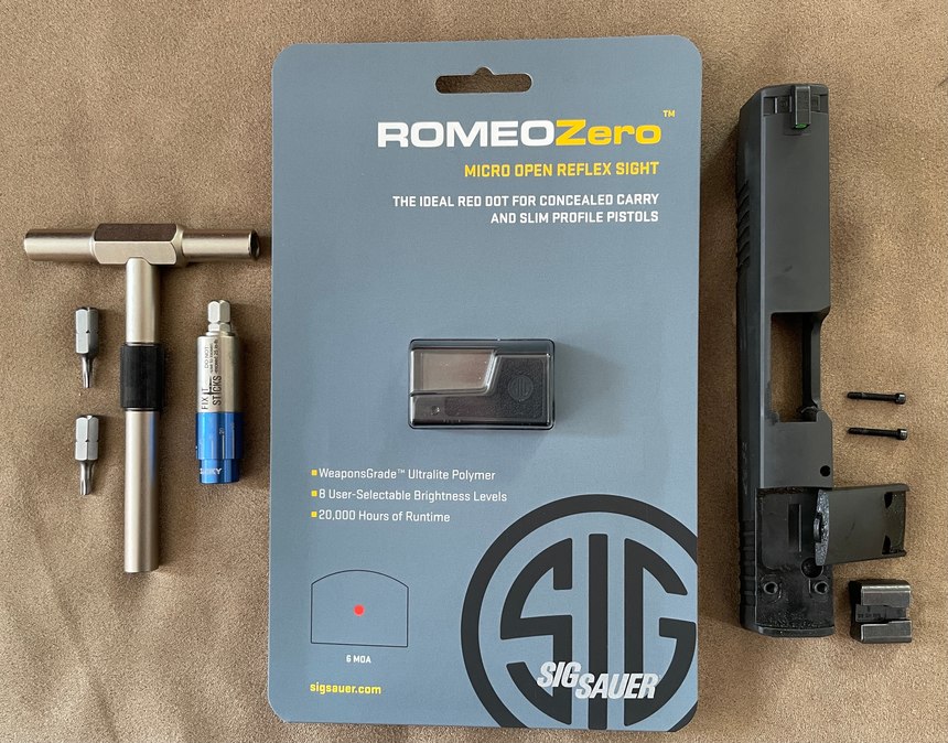 A Fix It Sticks T handle with the proper bits and a torque limiter, SIG Romeo Zero RDS and a SIG P365XL optics ready slide with the top plate, rear sight and plate attachment screws removed. (Photo/Ron LaPedis)