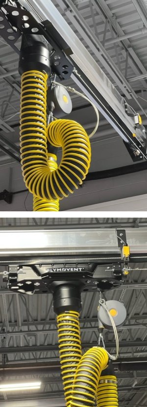 Plymovent’s CRS eliminates the need to physically retrieve the exhaust extraction hose and nozzle after they have been disconnected from a vehicle. When the vehicle exits the facility, the nozzle will be detached from the tailpipe. The CRS then returns the nozzle and hose to the connection position at the back of the station automatically via a sensor. 