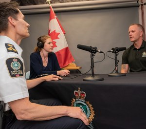 Chief Neil Dubord (left) is pictured with Bend Don't Break podcast producer Nikki Hewitt,and executive producer Cst. Aaron Hill.