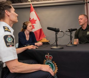 Chief Neil Dubord (left) is pictured with Bend Don't Break podcast producer Nikki Hewitt,and executive producer Cst. Aaron Hill. (Photo/Delta Police Department)