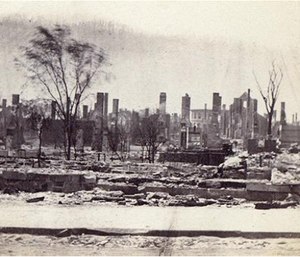 In this 1866 photo released by the Maine Historic Preservation Commission, destruction from a fire that swept through Portland left about 10,000 people homeless but killed only a few. (Maine Historic Preservation Commission via AP)