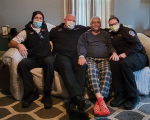 From left: Steve Dube, paramedic and Haverhill Division manager, Paramedic Bobby Thorne, patient Steven St. Germaine, and Paramedic Samantha Kuenzler reunited in late January.