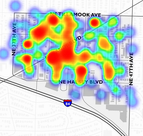 Hollywood neighborhood heat map of community-reported property crime (theft, burglary, car break-ins). Sixty-nine survey respondents used the map and there were 141 "clicks" on target locations/problems. 