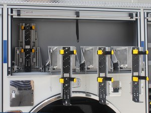 The QUIC-SLIDE SWING-DOWN and the QUIC-SLIDE FLIP-DOWN 180o enable firefighters to access and don compartment-mounted SCBA from a more comfortable standing position, providing an alternative to behind-the-seat SCBA mounting.