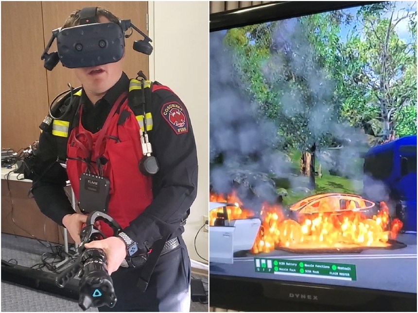 Firefighter Justin Quarisa has been “dispatched” to a multi-vehicle collision involving flammable liquids and has arrived to conduct a size-up and provide a report on conditions, complete with haptics nozzle and synchronized heat vest. Fig 5: The vehicle collision involving fire allows firefighters to practice hose handling and suppressant application. Officers gain command, control, strategies, and tactical muscle memory in an immersive environment.