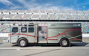 The zero-emission Vector fire truck has a low battery cell placement and is said to come with 327 kilowatt-hours of proven automotive-grade batteries.