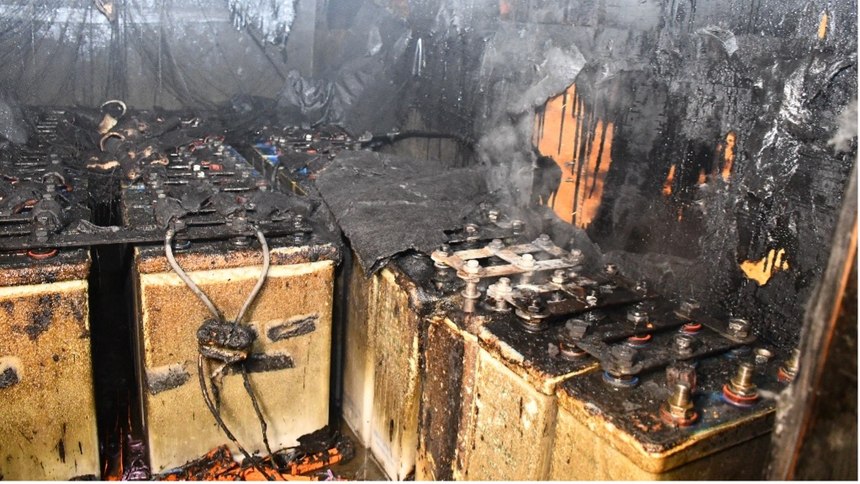 Photo 4: At this fire, crews found more than 40 large nickel cadmium (Ni Cd) storage batteries and wires hanging free or in chase pipes.