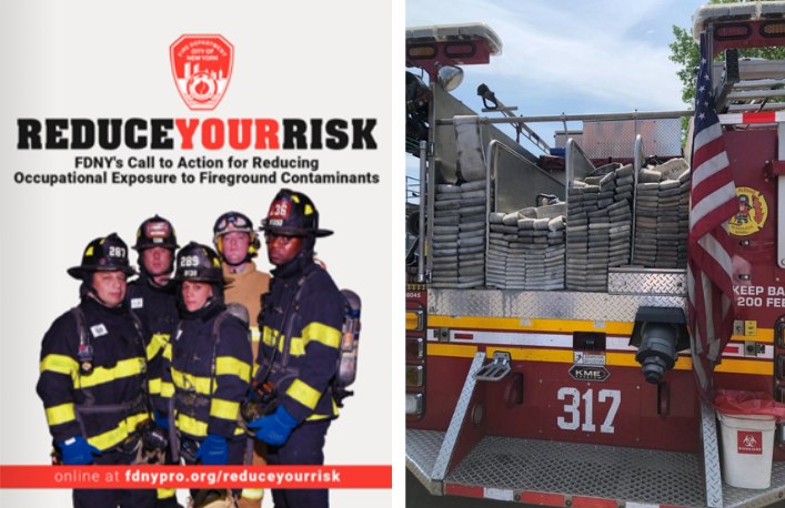 Left: The cover of the FDNY Reduce Your Risk Publication highlights the importance of glean gear. Access this free publication at www.fdnypro.org/reduceyourrisk. Right: Use photos that demonstrate what “right” looks like. This is just as true for contamination reeducation as it is for other training, such as demonstrating proper hose-loading on the back step of an engine.