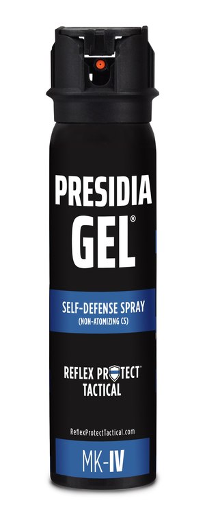The effects of Presidia Gel (MK-IV unit shown) include immediate, severe discomfort and involuntary eye closure, but the formula does not cause swelling of the throat or damage to tissues. Because Presidia Gel is not oil-based, it decontaminates far faster than OC/pepper spray.