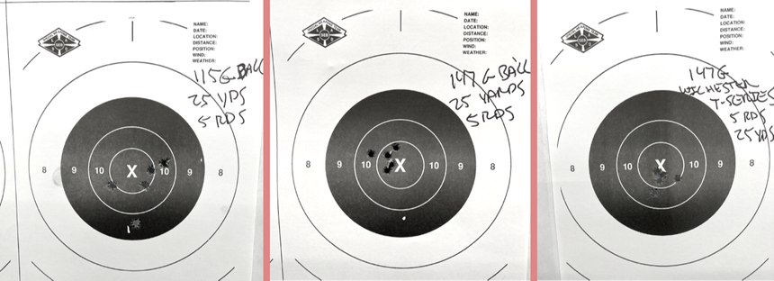 Five rounds kneeling at 25 yards without holdover – weight and ammo type listed on each target. Knowing how POA affects POI for your specific ammo is important when a “surgical” shot is required.