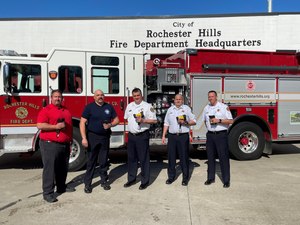 L to R, Bullard Regional Sales Manager Mark Jetton, Training Officer Larry Gambotto, Fire Chief Sean Canto, Battalion Chief Rogers Claussen, and Assistant Chief/Fire Marshall William Cooke accept the first delivery of Bullard TXS Thermal Imagers for Rochester Hills Fire Department. (Courtesy photo)