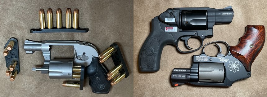 Left: S&W 638 with pocketable J-Pak and J-Strip speed loaders from Zeta-6. Right: BG38 with integrated Crimson Trace laser (top) and 340PD (bottom).