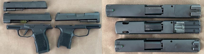 Left: Two frames and three slides are available. Right: P365XL, P365 SAS, P365. Note the porting and flush sight on the SAS.