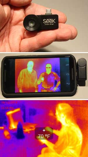Top: The SEEK camera unit is very light and compact. Middle: Two cops, one in uniform (right) wearing glasses, soft body armor and holding a hot cup of coffee. You can just make out the officer’s badge and something in his left shirt pocket blocking the heat image. Did you notice the guy on the right is much hotter (should be tested for Ebola!). Bottom: Image of a woman at computer which shows the temperature readout crosshair. Notice the cold drink sitting by the laptop.