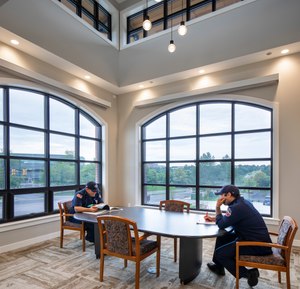 The new South Metro Fire Station No. 32 in Centennial, Colorado, has an area on the second floor that’s casually furnished so it feels more like home.