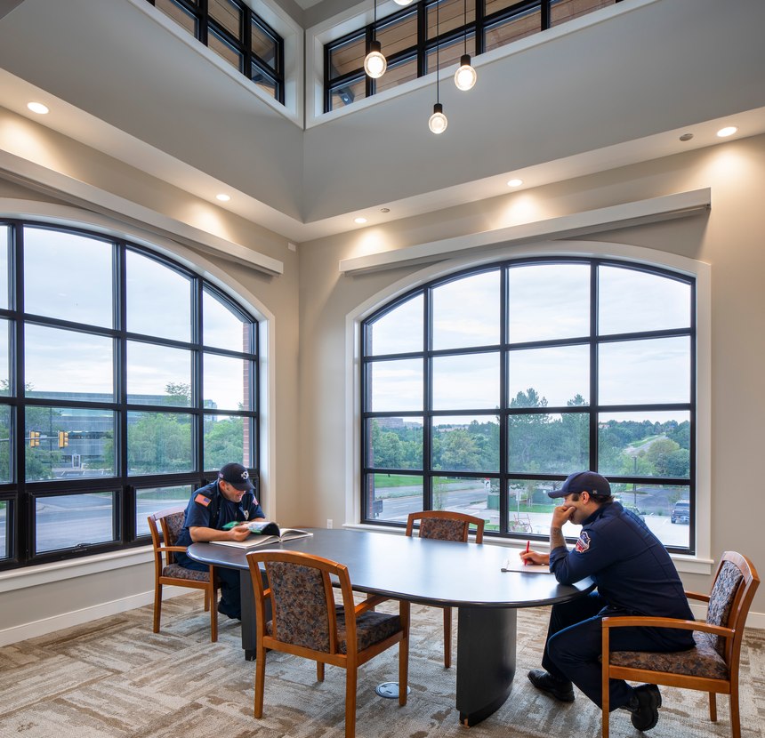 The new South Metro Fire Station No. 32 in Centennial, Colorado, has an area on the second floor that’s casually furnished so it feels more like home.