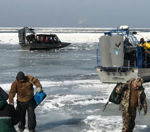 Crews rescued just under 40 people stranded on the ice sheet, while others were able to take their gear and head back to shore safely before any more ice broke off.
