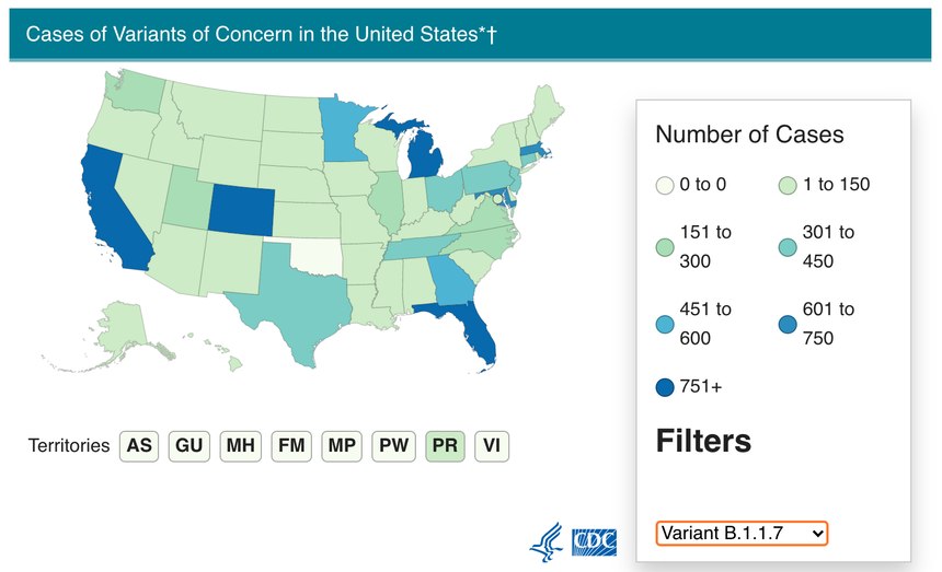 B.1.1.7 cases in the U.S. as of April 1, 2021.