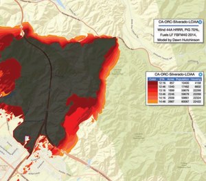 A fire-spread model of the Silverado fire that LAFD Fusion Center sent to the fire departments, emergency managers, policy makers, etc.