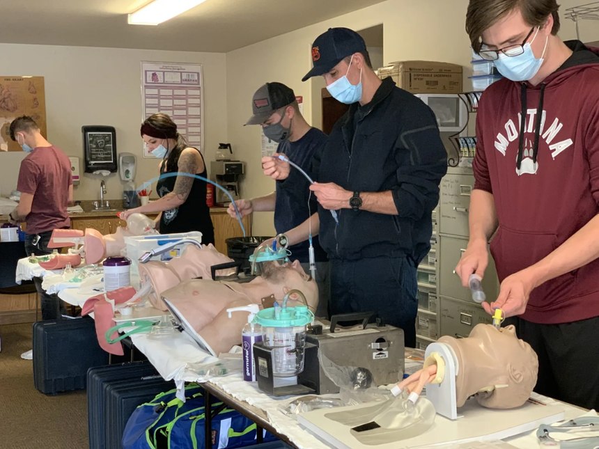 Paramedic students at Missoula College practice airway management skills, one of numerous life-saving interventions they’re trained to perform as first responders.