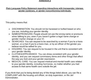 County officials have committed to implement policy, including this plain language policy statement, to affirm the rights of trans, nonbinary and intersex people in custody.