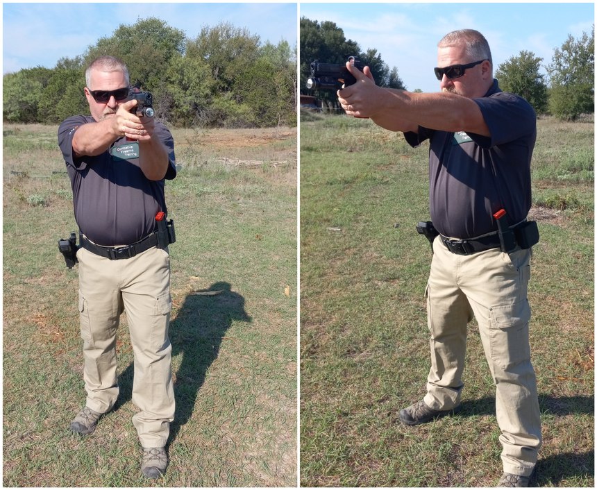The Weaver Stance (left) uses a bladed stance and isometric tension to stabilize the pistol. The Isosceles Stance (right) is squared up to the target and uses upper body strength and the skeletal system to accomplish the same thing.