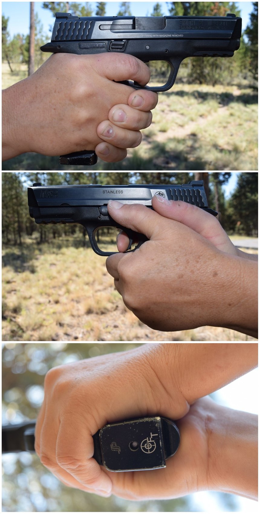 When you examine the grip from the bottom of the pistol looking up, there shouldn’t be a gap on the grip of the gun between the thumbs or the heel of either hand. The goal is to obtain full 360° coverage around the entire grip of the gun. If there’s any gap in the grip, the hole will allow the energy from recoil to travel down that direction causing a perceived increase in recoil and more movement of the sights while firing.