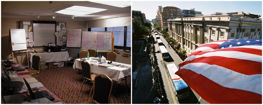 Left: The Sheraton Towers Hotel in New York served as the NFFF Command Post. Right: Buses shuttle firefighter families to a Memorial Service in Washington, D.C., in 2002. Uniformed personnel formed a Sea of Blue along the route to the Memorial Service.