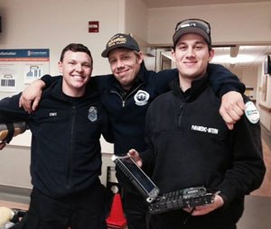 (Left to right): Santa Clara County Ambulance EMT Steven Knight, paramedic Aaron Kruse and WestMed College EMT/paramedic intern Daniel Jones. (Image Lotta Mae Alba, RN, MSN, CNS, Clinical Manager, Emergency Departmentm El Camino Hospital)