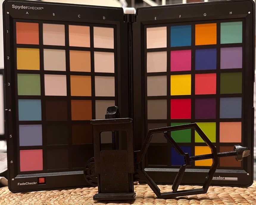 iPhone mount and SpyderCheckr color card under LED lighting without white balance correction.