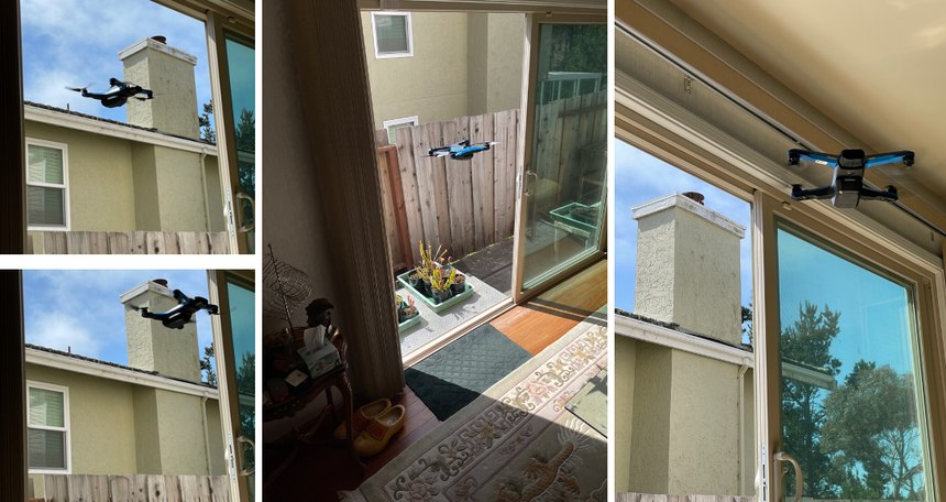 A Skydio S2 uses its vision-based AI to navigate through an open patio door while the pilot is on the opposite side of the house.