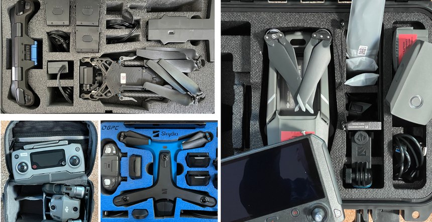 Drones shown in their protective cases with spare batteries and controllers. Clockwise from Left: Skydio X2, DJI Mavic 2 Pro, Skydio S2 and DJI Mavic 2 Zoom in soft case. While a soft case offers less protection, it is easier to carry for officers and park rangers who patrol on foot or bicycle.