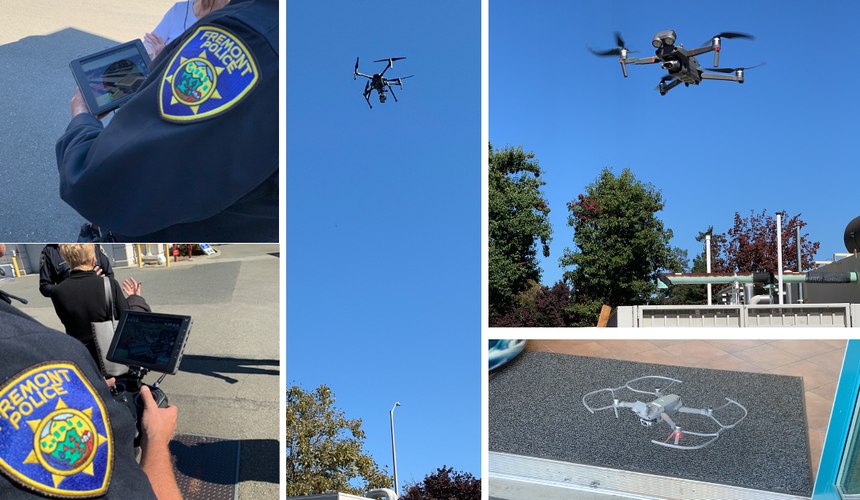 Fremont PD officers flying a DJI Matrice (center), DJI Mavic 2 Enterprise and a DJI Mavic 2 Enterprise with prop guards.