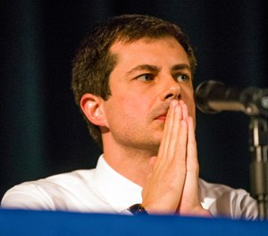 Democratic presidential candidate and South Bend Mayor Pete Buttigieg looks on during a town hall community meeting, Sunday, June 23, 2019, at Washington High School in South Bend, Ind. (Robert Franklin/South Bend Tribune via AP)