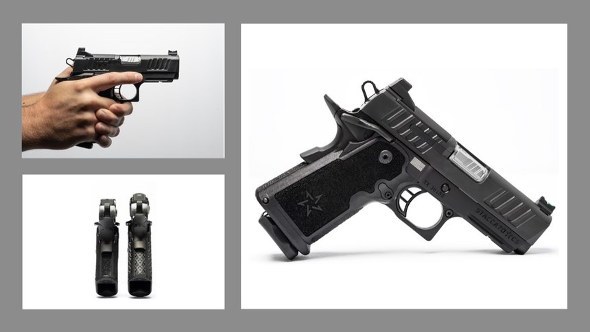Figure 1: The Staccato CS (on the left in the bottom left frame) is a brand-new double-stack 16+1 capacity sub-compact pistol packed with patent-pending technology.