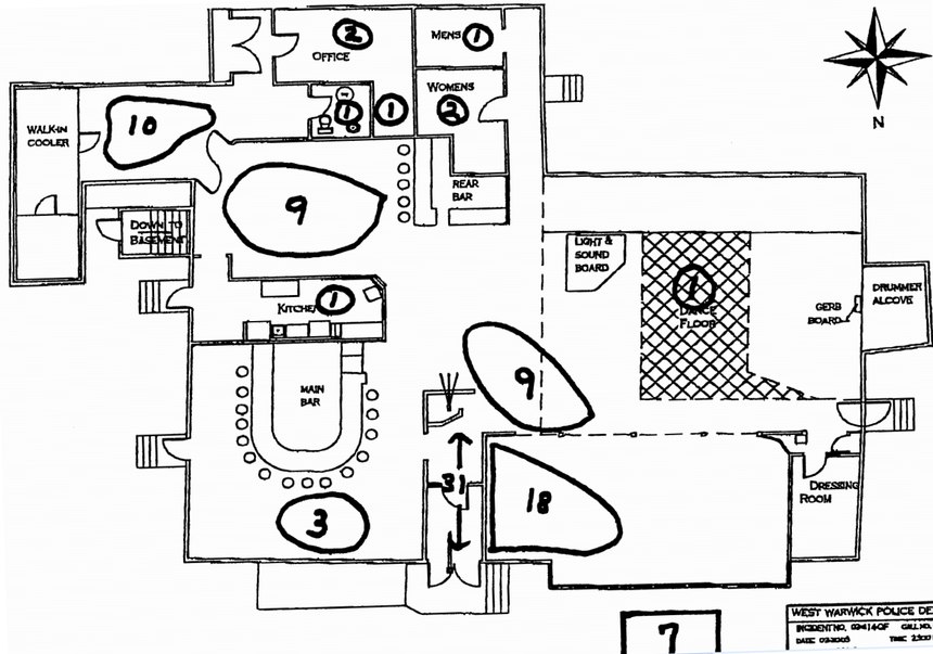 Number of victims found by location (main exit at bottom-center).