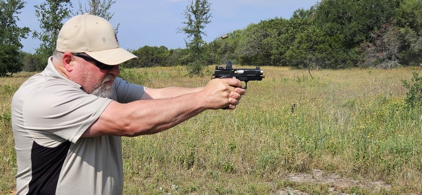 The Staccato CS may be a compact pistol, but it punches above its weight and has the controllability of a larger pistol. Note the brass in the air and the slide coming forward loading a new round while the pistol is level and on target.