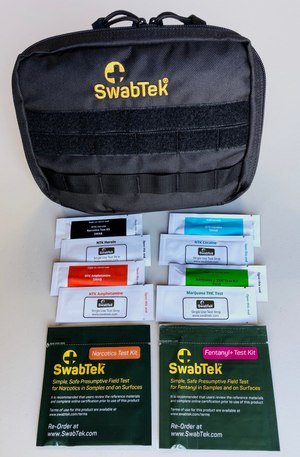 SwabTek offers a variety of options, from packs of 100 tests for a specific drug to the ballistic nylon bag containing 60 assorted kits, shown here.